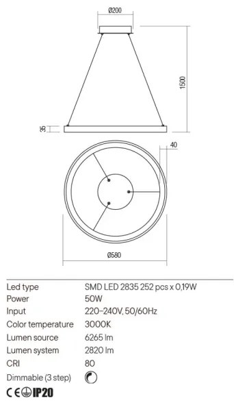 Lustră LED dimabilă pe cablu Redo 01-2674 ICONIC LED/50W/230V d. 58 cm negru