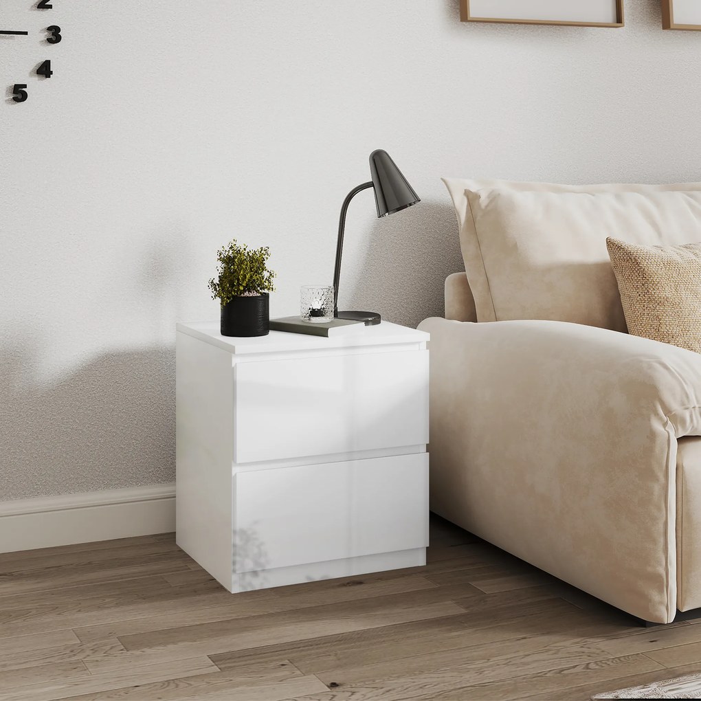 HOMCOM Măsuță de Noapte cu 2 Sertare Măsuță de Noapte pentru Dormitor Sufragerie 40x34x45 cm Alb Lucios | Aosom Romania