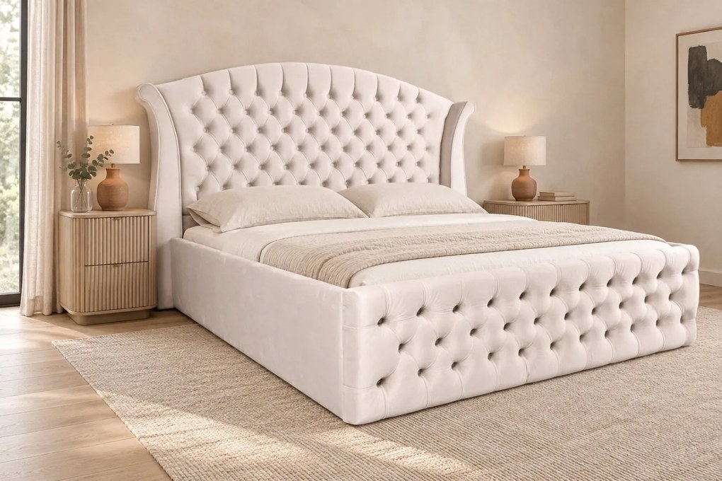 Pat tapițat Chesterfield din catifea Sorella Simple 160×200 cm, crem, cu ladă de depozitare
