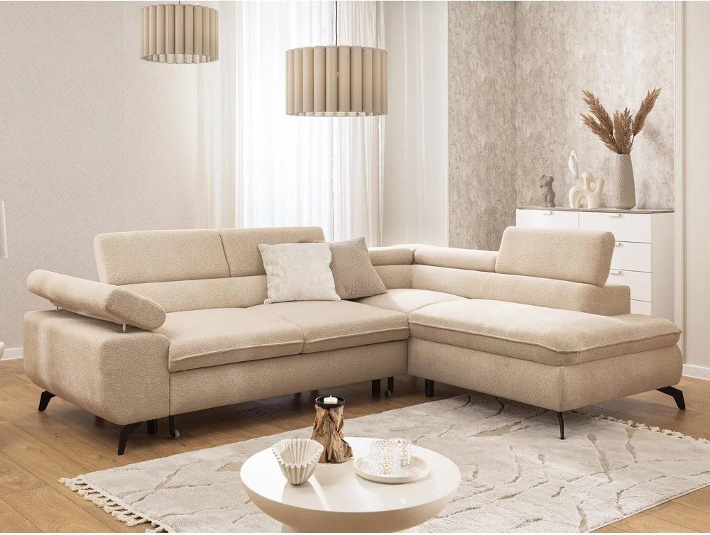 Colțar bej cu tapițerie din chenille (cu colț pe partea dreaptă/în formă de ”L”) Marbeya – Ropez