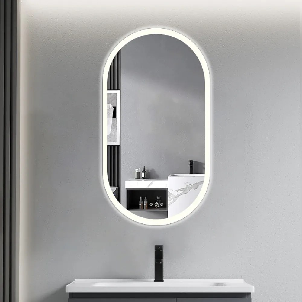 Oglindă baie, Multifuncțională, Iluminare LED Touch, Intensitate reglabila, Sistem Dezaburire, Ceas electronic încorporat, Indicator Temperatura, 50x70 cm