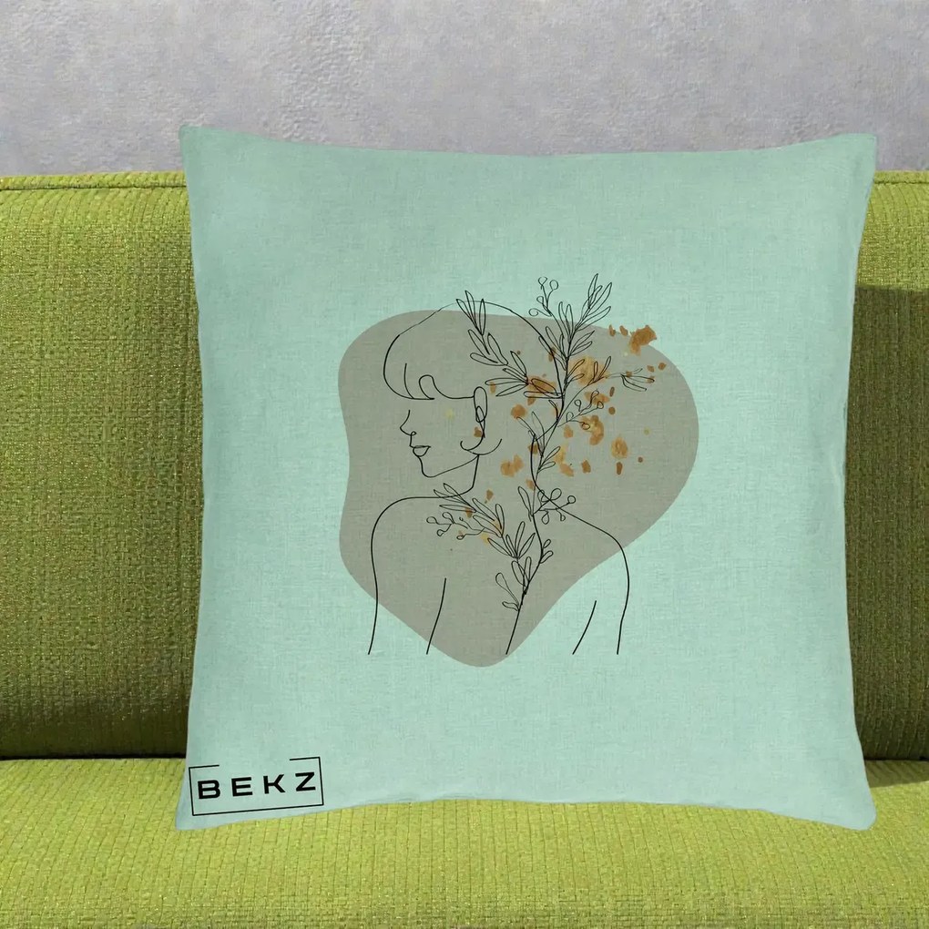 Perna Decorativa Femeie cu Flori Line Art Boho, 40x40 cm, Verde Menta, Husa Detasabila, Perna Inclusa, BEKZ®