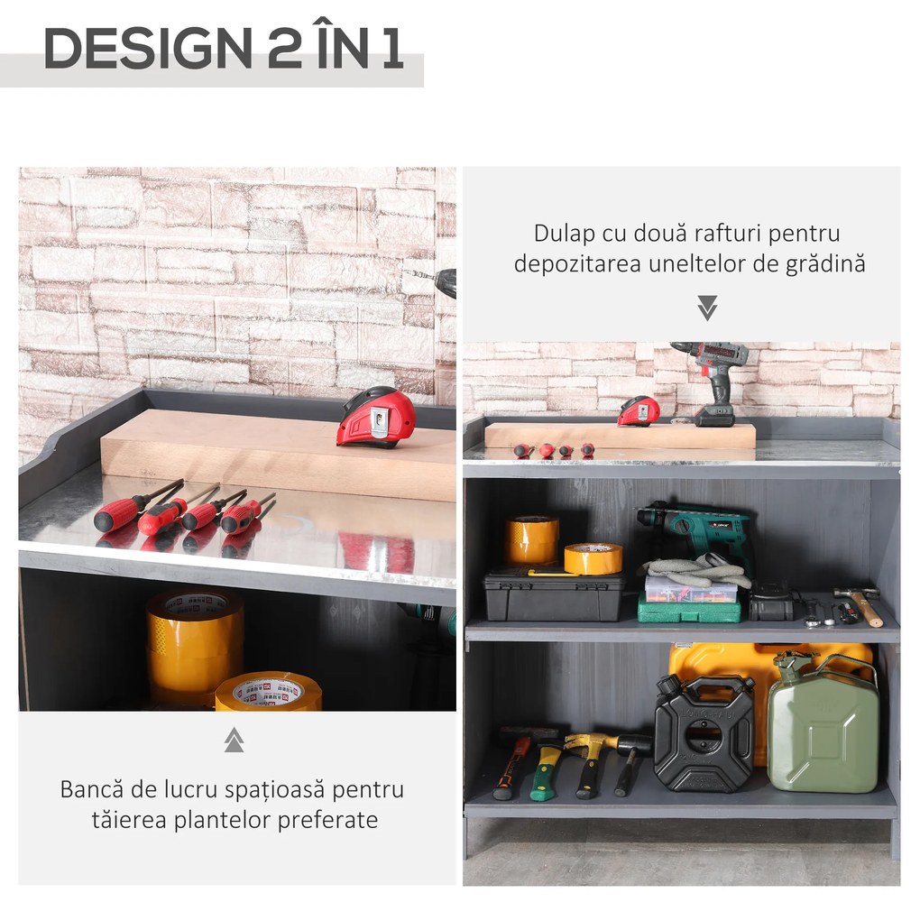 Outsunny Dulap pentru Exterior din Lemn de Brad cu Blat de Lucru din Metal Zincat si 2 Rafturi pentru Scule, 98x48x95.5 cm, Gri | Aosom Romania