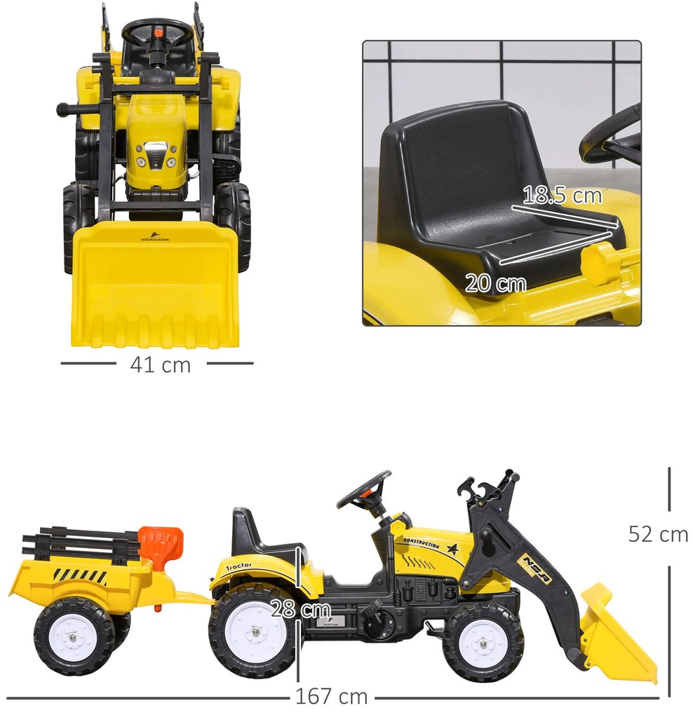 HOMCOM Tractor Copii pentru Copii de 3 Ani cu Pedale și Excavator, 167x41x52 cm, Galben | Aosom Romania