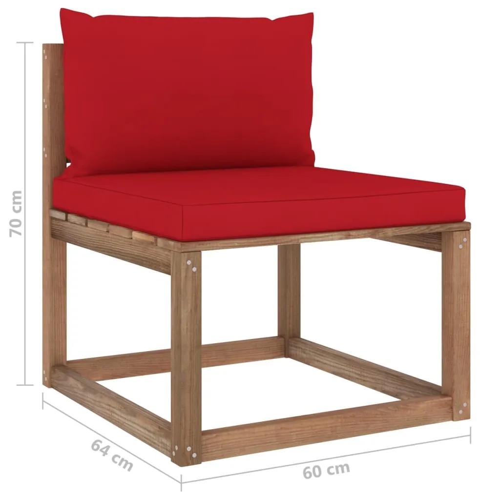 Set mobilier gradina paleti, cu perne, 5 piese, lemn pin tratat Rosu, Colt + 2x mijloc + 2x suport pentru picioare, 1