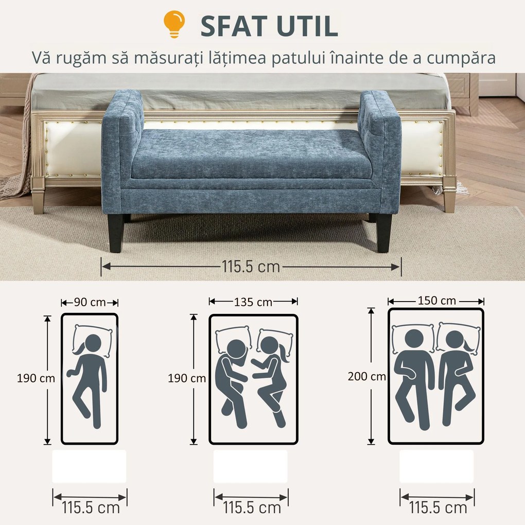 HOMCOM Bancă Capitonată pentru Dormitor cu Brațe, 2 Perne Cilindrice și Picioare din Lemn, 115,5x45x56 cm, Gri | Aosom Romania