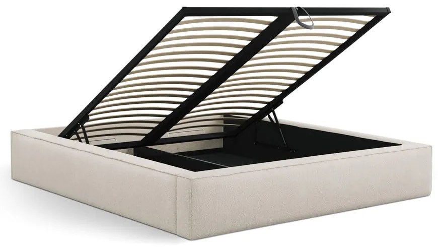 Pat matrimonial crem tapițat cu spațiu de depozitare cu somieră 160x200 cm Simon – Micadoni