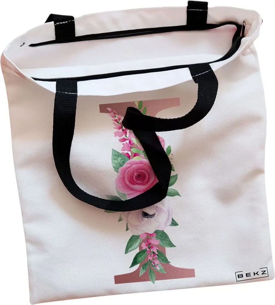 Sacosa de Panza pentru Cumparaturi, Geanta Tote, Cu litera I Rose Gold si Trandafiri, Cu fermoar, 38x34.5 cm, Alba, BEKZ®