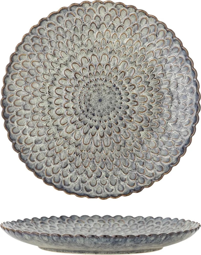 Set 4 farfurii din ceramică, gri, margine ondulată și model marin în relief, glazură reactivă, 3 x 26,5 cm, „Katrina”
