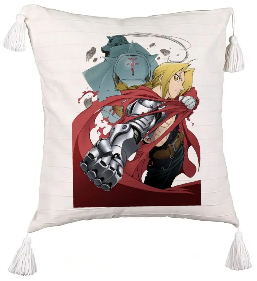 Perna Decorativa cu Franjuri cu Full Metal Alchemist Edward Elric, 45x45 cm, Ecru, Cu fermoar