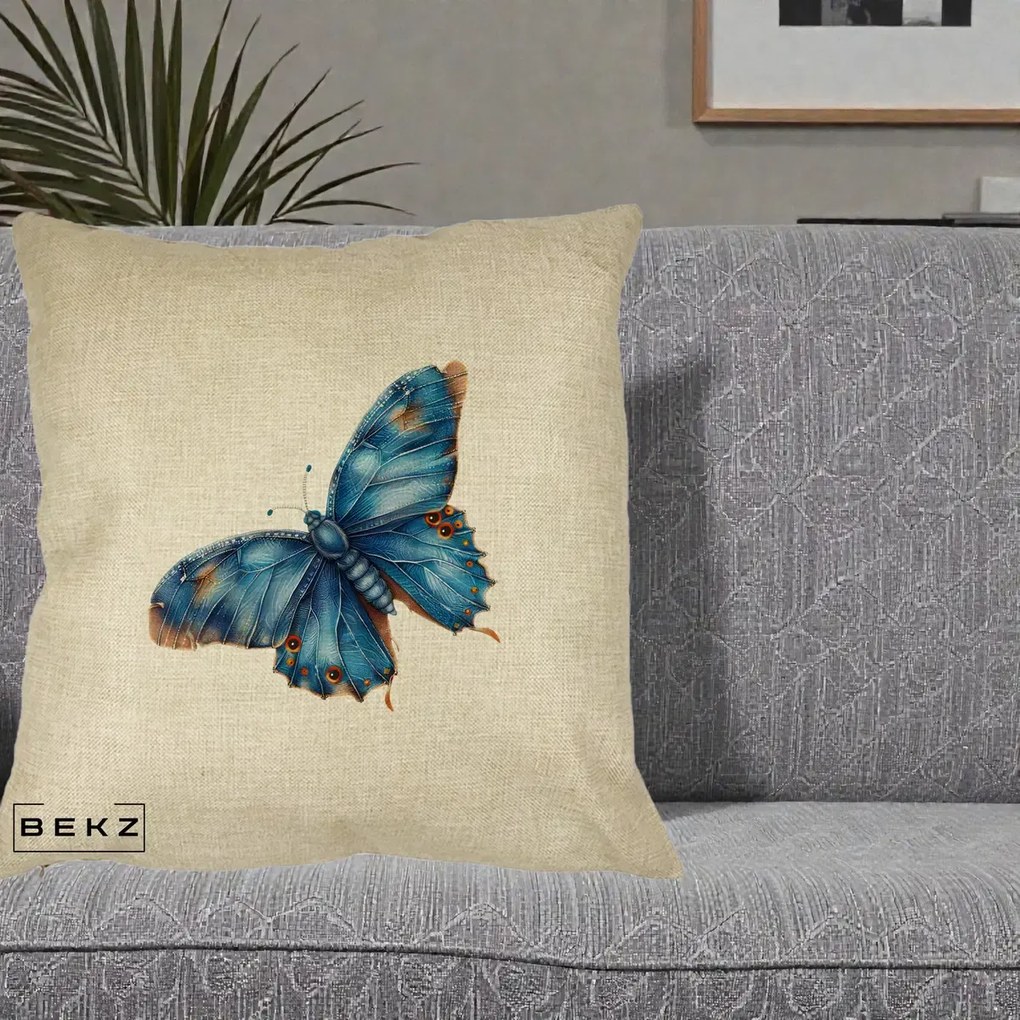 Perna Decorativa Fluture Albastru Satin cu Pete Aurii, 40x40 cm, Crem, Husa Detasabila, Perna Inclusa, BEKZ®