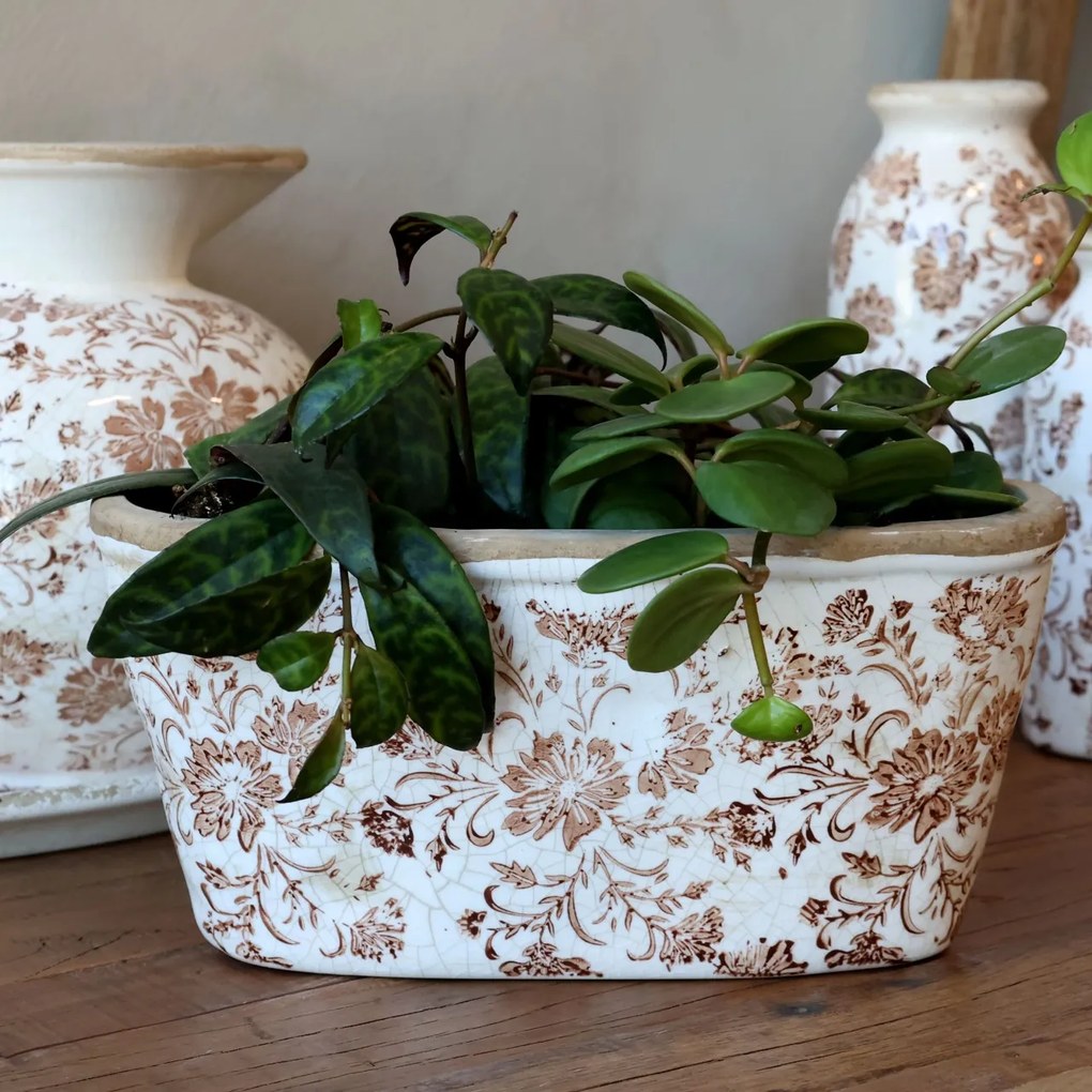 Ghiveci decorativ alb din ceramică pictată manual, cu motiv floral natur, 13x22,5x10 cm, „Grenoble"