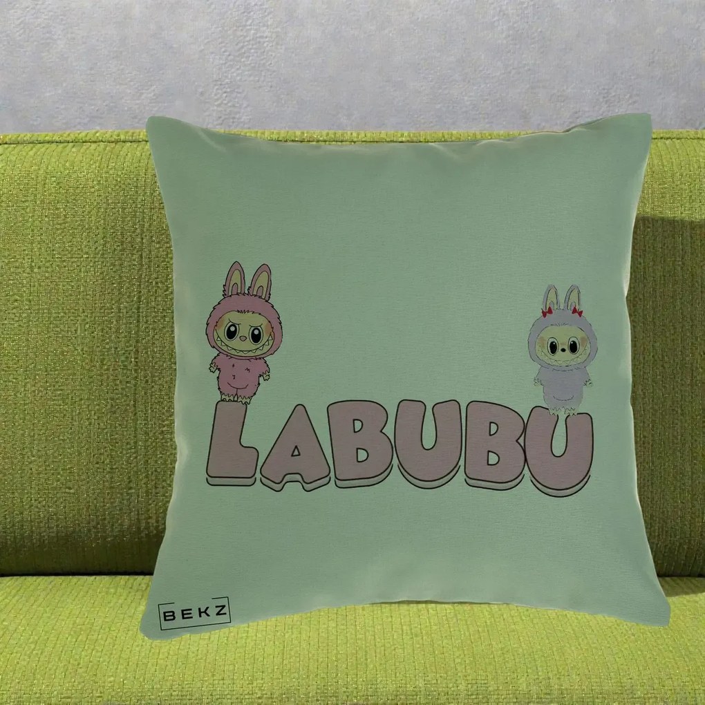 Perna Personalizata Labubu Duo Roz-Lila cu Text, 40x40 cm, Verde, Husa Detasabila, Perna Inclusa, BEKZ®