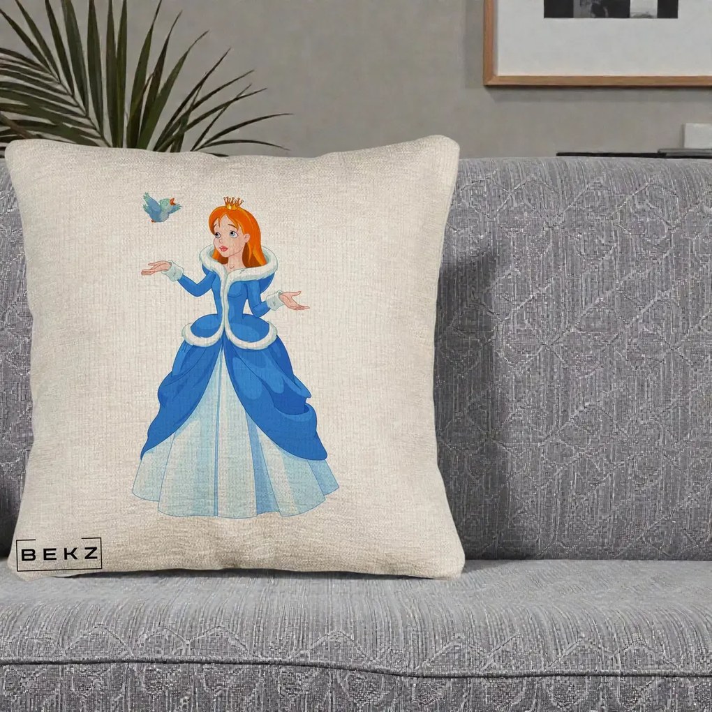 Perna Personalizata Printesa Albastra cu Pasare, 40x40 cm, Bej Canapea, Husa Detasabila, Perna Inclusa, BEKZ®