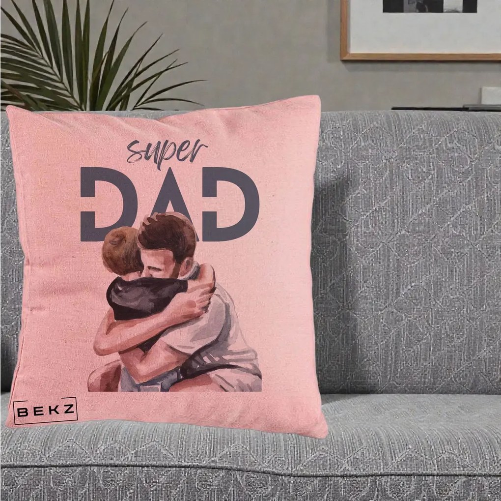 Cadou pentru Tata - Perna Personalizata Super Dad Tata si Fiu Imbratisare, 40x40 cm, Roz, Husa Detasabila, Perna Inclusa, BEKZ®