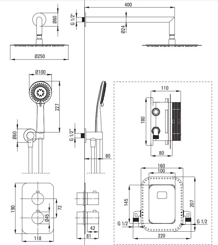 BOX Set de Duș cu Montare Îngropată, BOX Termostatat Finisaj: Oțel Șlefuit BXYZFEBT