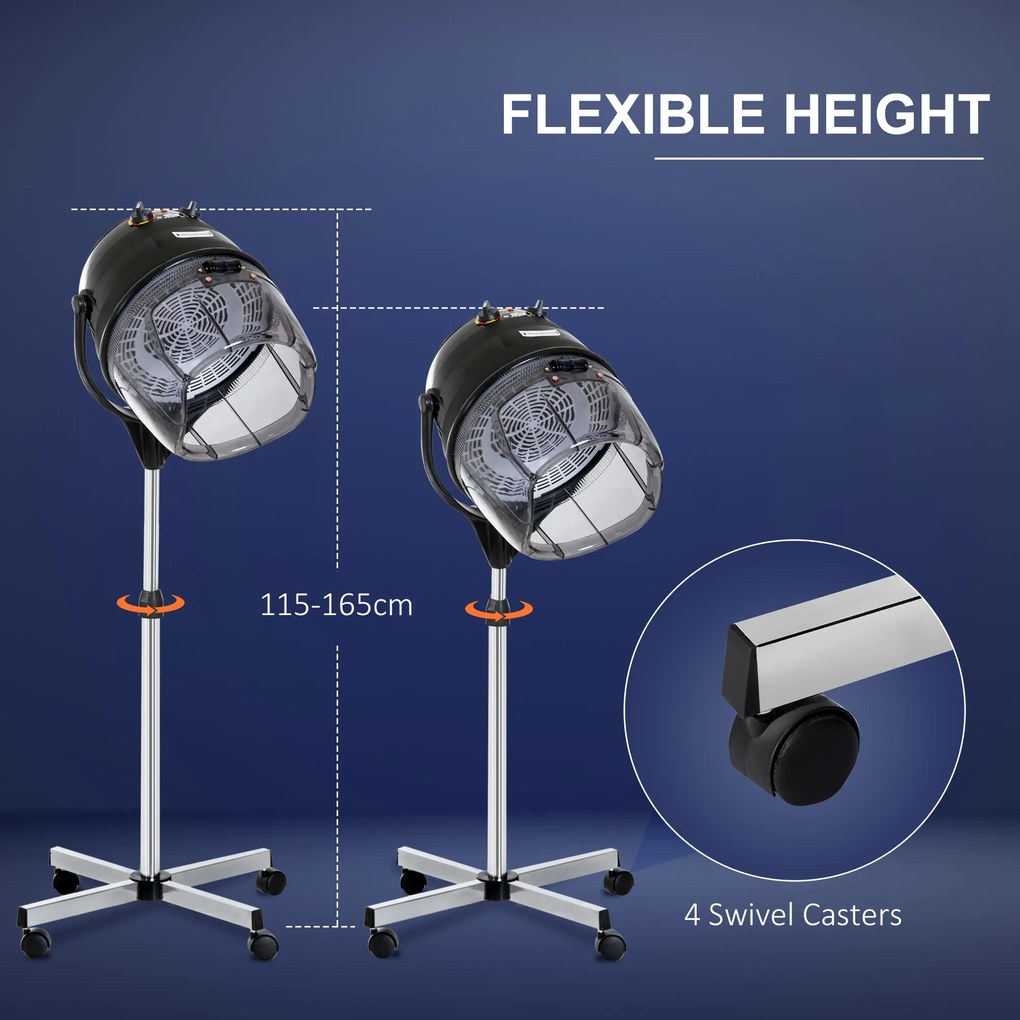 HOMCOM Cască de Uscat Părul cu Înălțime Reglabilă, Cască pentru Păr cu Timer și Roți Pivotante, 65x65x115-165 cm, Negru | Aosom Romania