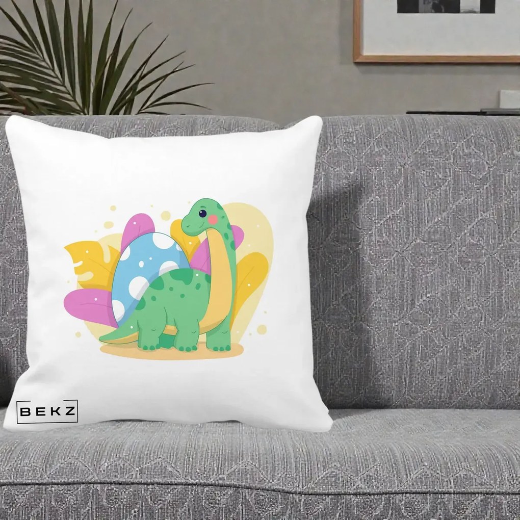 Perna Personalizata Dinozaur cu Ou Pastelat, 40x40 cm, Alba Mata, Husa Detasabila, Perna Inclusa, BEKZ®