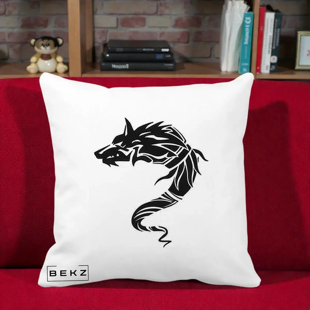 Perna Decorativa Lup Tribal Alb-Negru, 40x40 cm, Alba Mata, Husa Detasabila, Perna Inclusa, BEKZ®