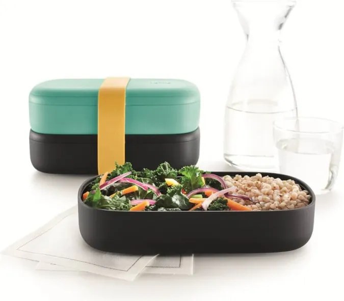 Set 2 cutii pentru alimente Lekue On The Go 1010220, 2x500 ml, Inchidere ermetica, Compartiment tacamuri, Supapa pentru cuptorul cu microunde, Turcoaz/ Negru