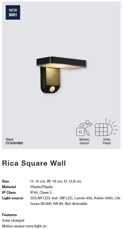 Lampa LED solara cu tarus, cu senzor de miscare, design modern, IP44 RICA SQUARE 2118178003 NL