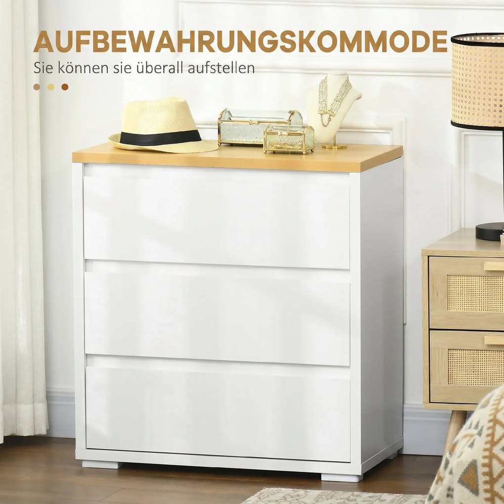 HOMCOM Comodă Depozitare, 3 Sertare, Mobilier Dormitor/Cameră de Zi, Alb/Lemn Natural | Aosom Romania