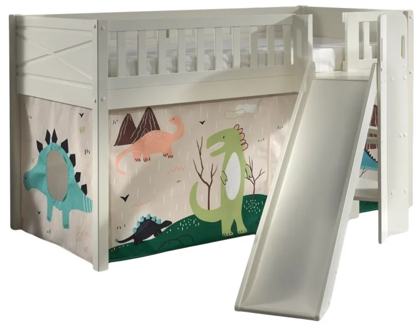 Pat supraetajat SCOTT cu tobogan, alb, 90x200 cm + Cort de joacă DINO – Vipack
