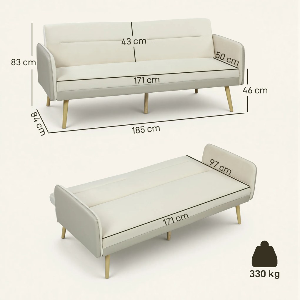 HOMCOM Canapea Extensibilă 3 Locuri Convertibilă cu Cotiere din PU, Colțar Reclinabil Clic Clac în Catifea cu Picioare Metalice și Cadru din Lemn, pentru Living sau Dormitor, 185x84x83 cm, Bej | Aosom Romania