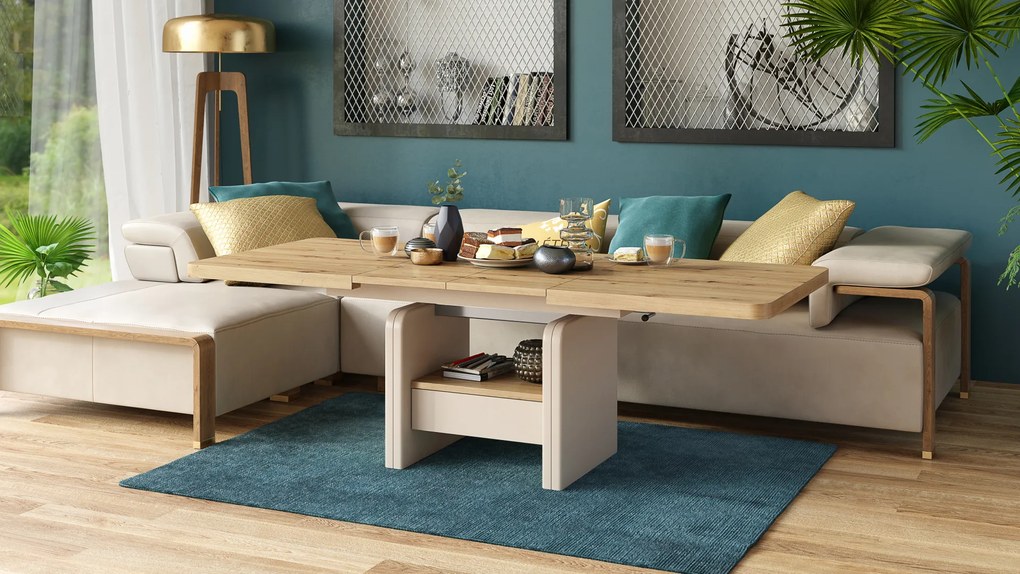 Mazzoni LEXUS Stejar Artisan/Bej (Șampanie) - MĂSUȚĂ DE CAFEA EXTENSIBILĂ MODERNĂ