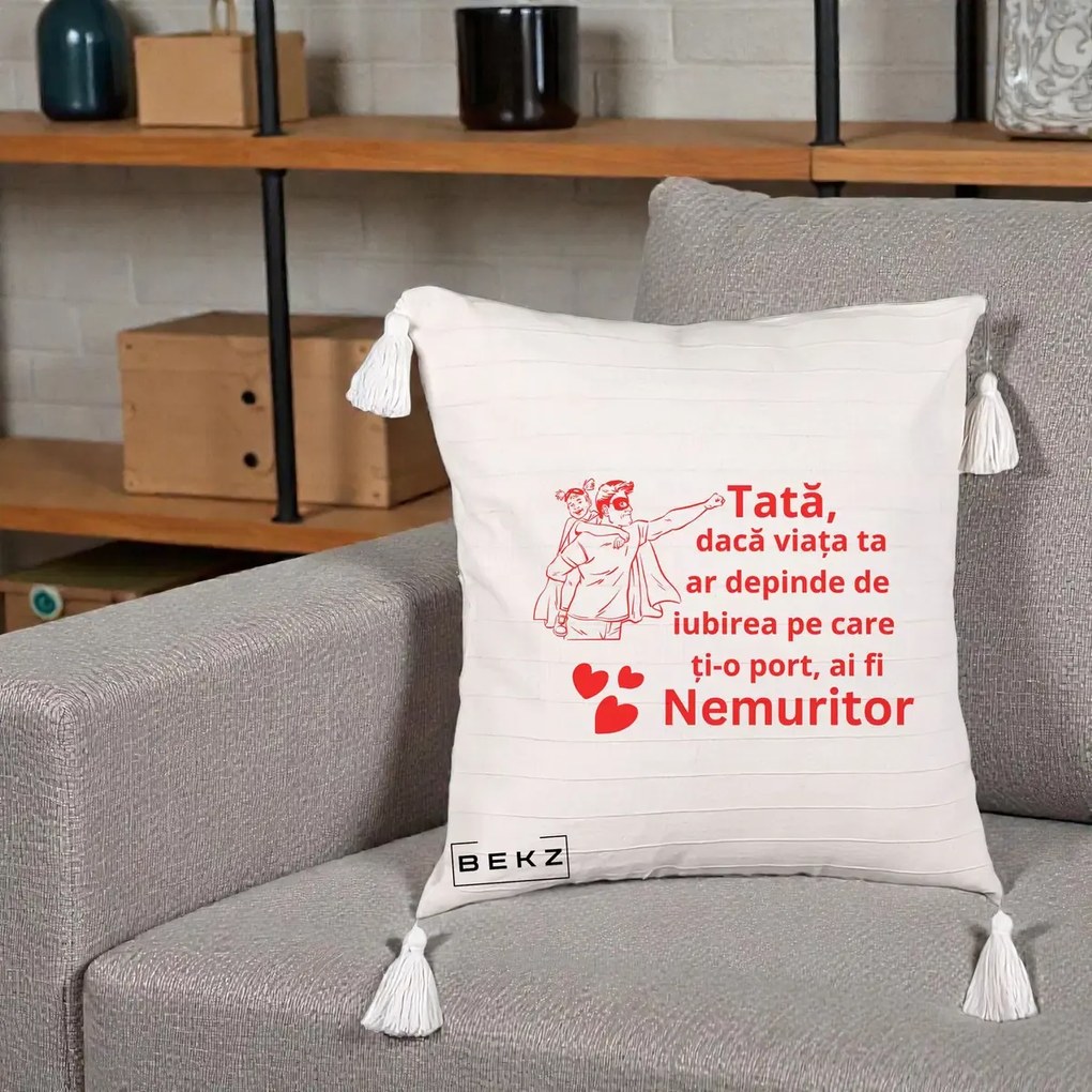 Cadou pentru Tata - Perna Personalizata Tata Nemuritor cu Fetita, 40x40 cm, Bej cu Franjuri, Husa Detasabila, Perna Inclusa, BEKZ®