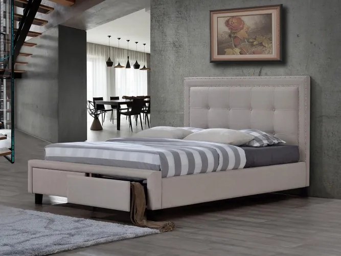 Pat tapitat cu stofa cu 2 sertare, Sirio Light Beige + Lenjerie Bonus