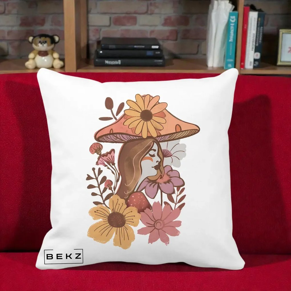 Perna Decorativa Fata Ciuperca Florala Boho, 40x40 cm, Alba Mata, Husa Detasabila, Perna Inclusa, BEKZ®