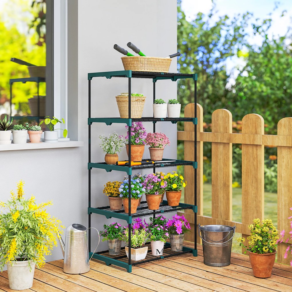 Outsunny Suport pentru Plante Vertical cu 5 Niveluri din Oțel și Plastic, Suport Ghivece pentru Interior și Exterior Grădină Balcon, 67x49x138 cm, Verde Închis | Aosom Romania