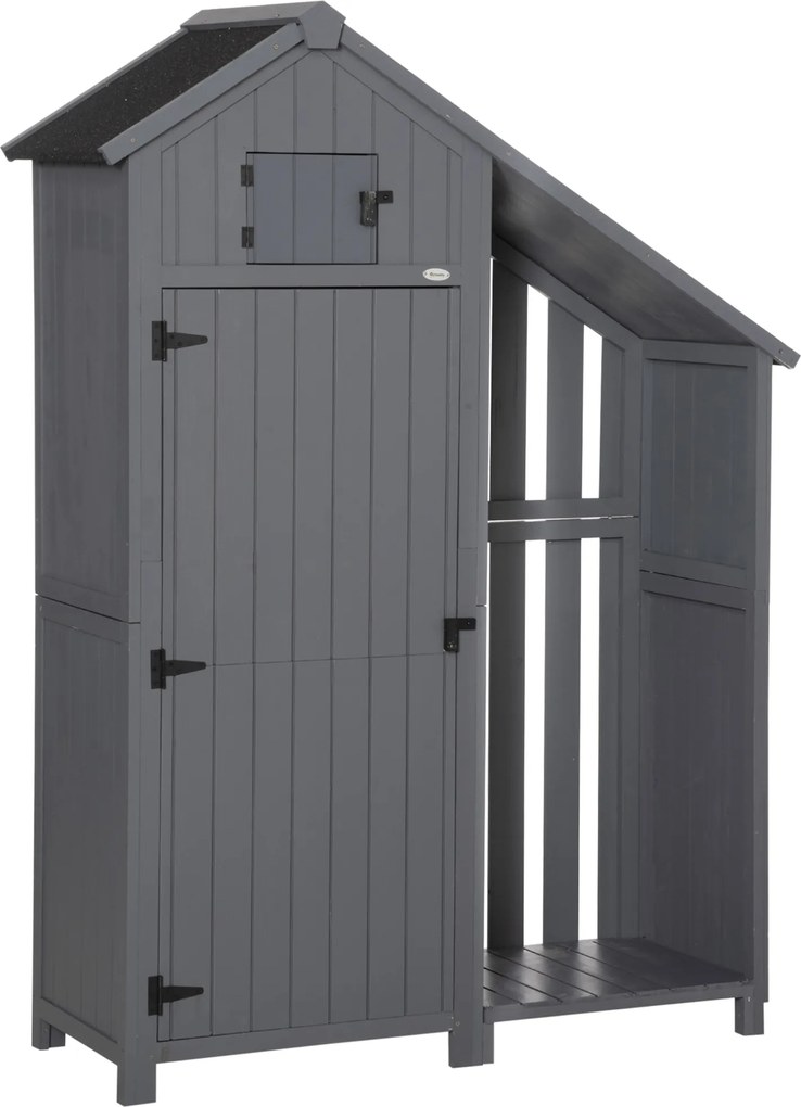 Outsunny Căsuț de grădină, compartiment deschis pentru lemne de foc, ușă cu zăvor, rezistent la intemperii, lemn natural, 129 x 51,5 x 180cm, gri+negru | Aosom Romania