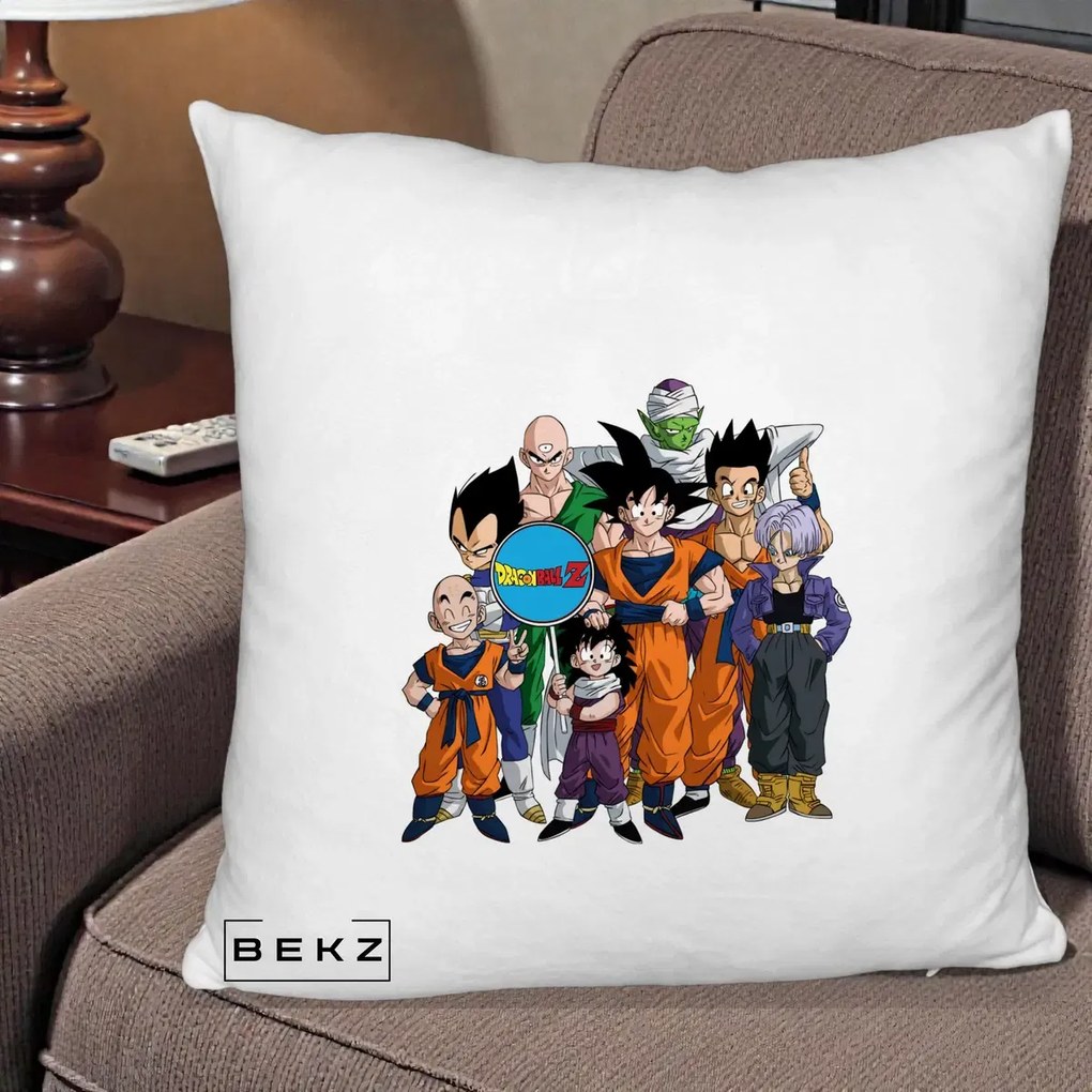 Perna Personalizata Dragon Ball Z Grup Complet, 40x40 cm, Alb Pufos, Husa Detasabila, Perna Inclusa, BEKZ®
