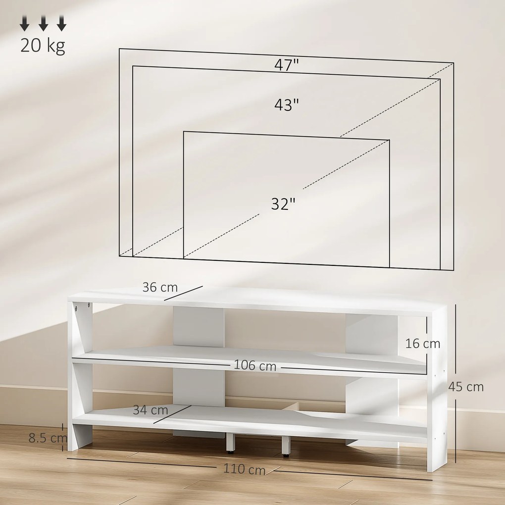 HOMCOM Comodă TV de Colț 47" max cu 2 Rafturi Deschise din Lemn Alb | Aosom Romania