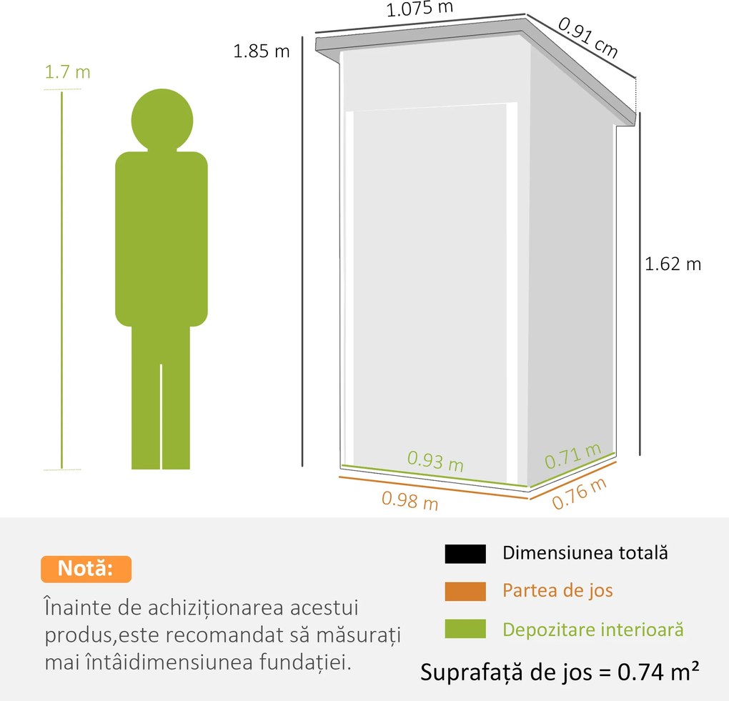 Outsunny Magazie de Grădină 0,74m² din Oțel Galvanizat cu Guri de Aerisire, Magazie cu Ușă Blocabilă, Acoperiș Înclinat, Mănuși, Depozitare Unelte, 107,5x91x185 cm, Gri Închis | Aosom Romania