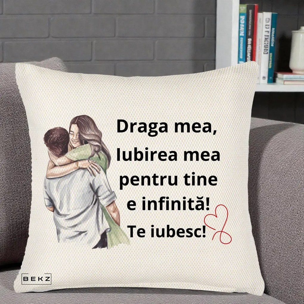 Cadou pentru Iubita - Perna Personalizata Draga Mea Iubirea Mea Infinita Te Iubesc cu Cuplu Acuarela, 40x40 cm, Crem Reliefat, Husa Detasabila, Perna Inclusa, BEKZ®
