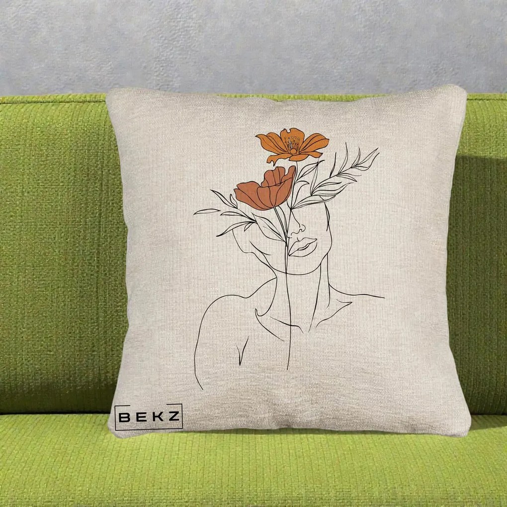 Perna Decorativa Portret Feminin Doua Flori, 40x40 cm, Bej Canapea, Husa Detasabila, Perna Inclusa, BEKZ®