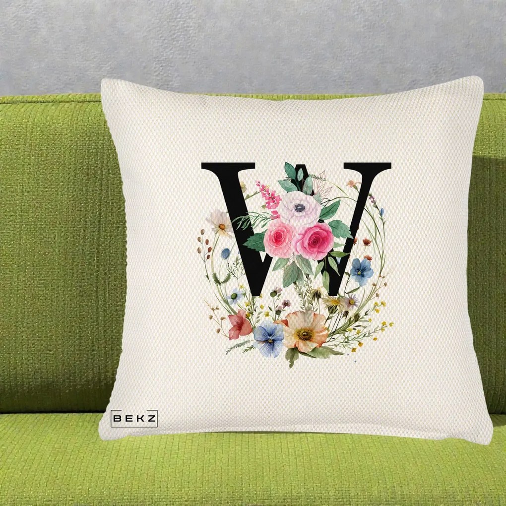 Cadou Personalizat - Perna Personalizata Monograma Florala Litera W, 40x40 cm, Crem Reliefat, Husa Detasabila, Perna Inclusa, BEKZ®