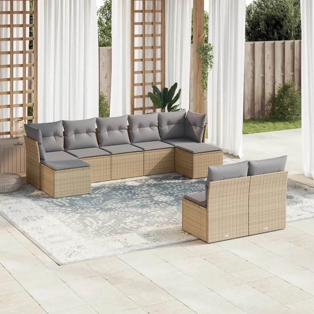 vidaXL Set canapele de grădină, 9 piese, cu perne, bej, poliratan