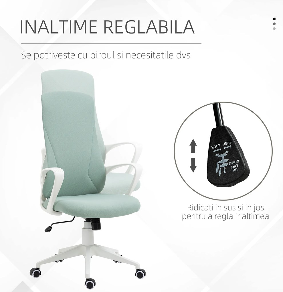Vinsetto Scaun de birou ergonomic, cu înălțime ajustabilă și balans, 62x56x110-119,5 cm, verde | Aosom Romania