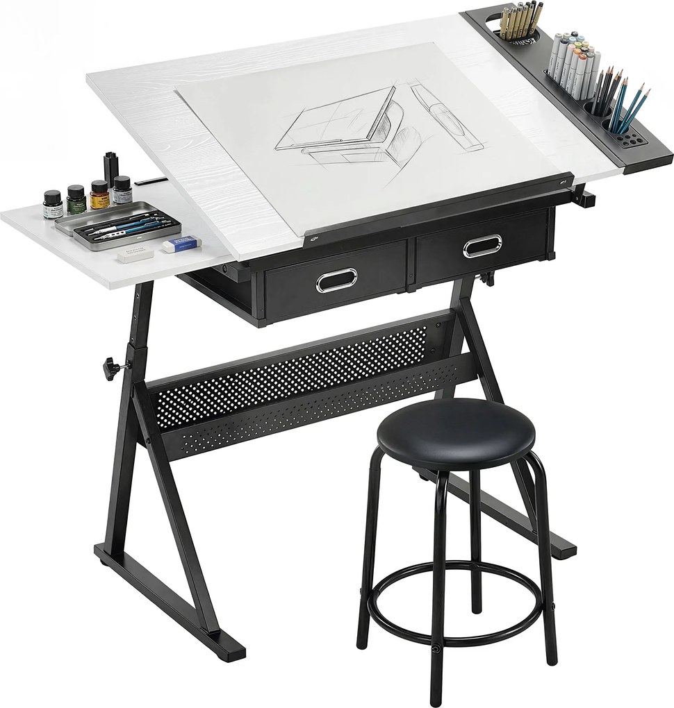HOMCOM Masă de desen cu taburet și 2 sertare, înălțime reglabilă, blat înclinabil 0° à 60°, 120 x 60 x 68-92 cm, alb | Aosom Romania