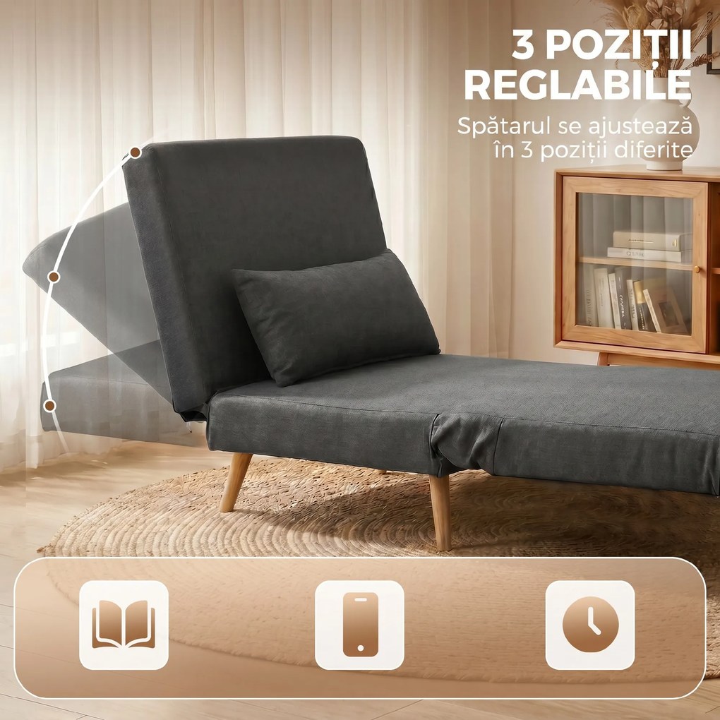 HOMCOM Fotoliu Extensibil 3 în 1 cu Spătar Reglabil pe 3 Niveluri și Pernă, Material Textil cu Aspect de In, Gri | Aosom Romania
