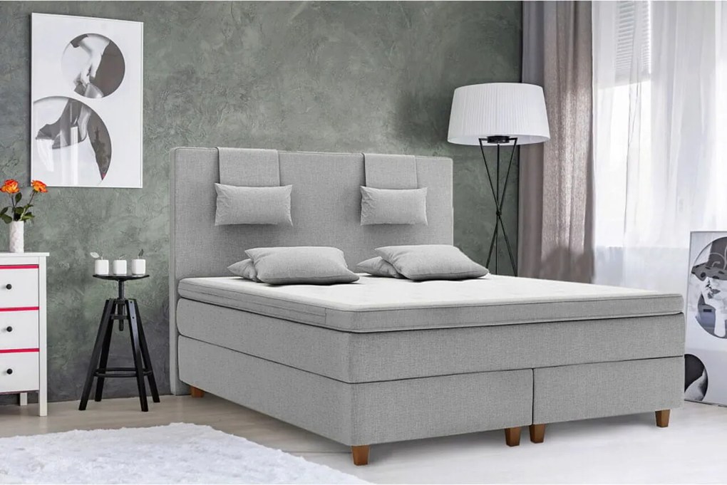 Pat matrimonial boxspring, Borgholm, 180x200 cm, saltea arcuri Pocket, topper, Gri deschis