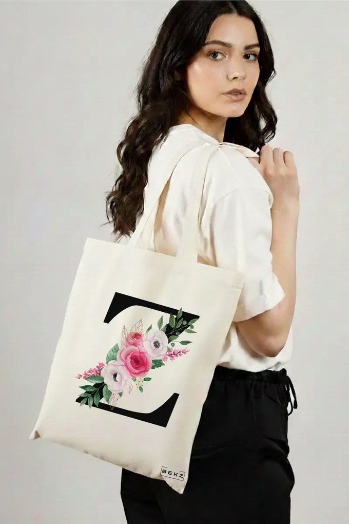 Sacosa de Panza pentru Cumparaturi, Geanta Tote, Cu litera Z si Trandafiri, 38x34.5 cm, Alba, BEKZ®