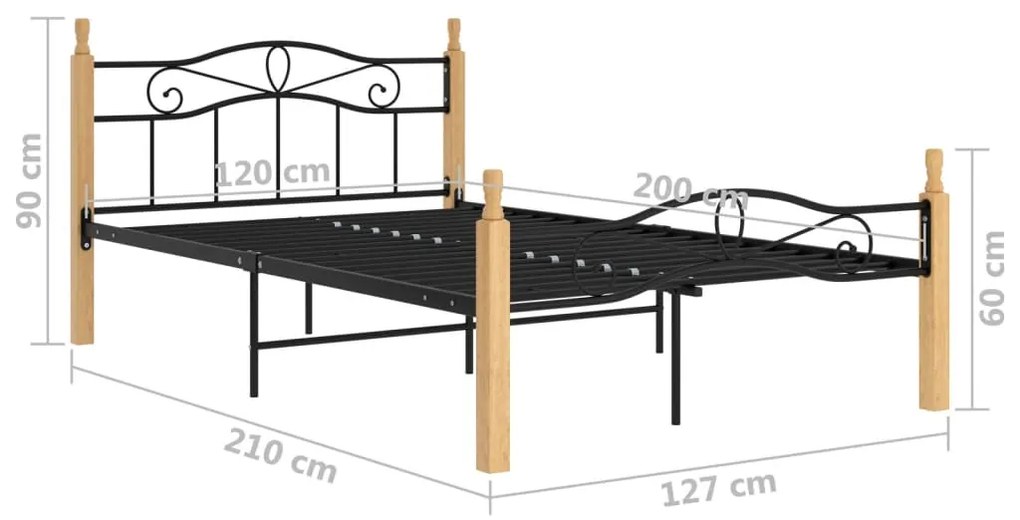Cadru de pat, negru, 120x200 cm, metal si lemn masiv de stejar Maro deschis, 120 x 200 cm