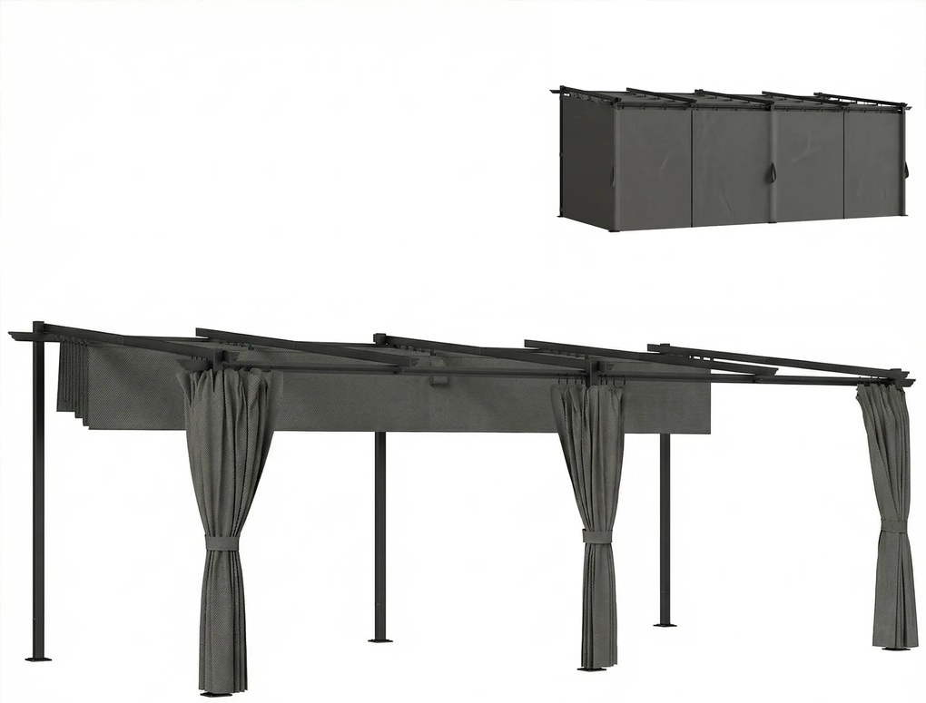 Outsunny Pergolă retractabilă cu perdele laterale, tonelă de grădină din metal cu protecție solară UPF30+, gri închis | Aosom Romania
