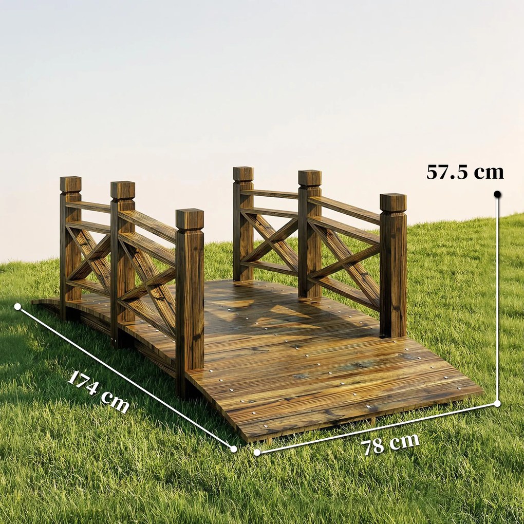 Outsunny Pod din lemn cu balustradă Pod de grădină din lemn de brad Pod pentru iaz cu aspect antic, circulabil 174 x 78 x 57,5 cm Carbonizat | Aosom Romania