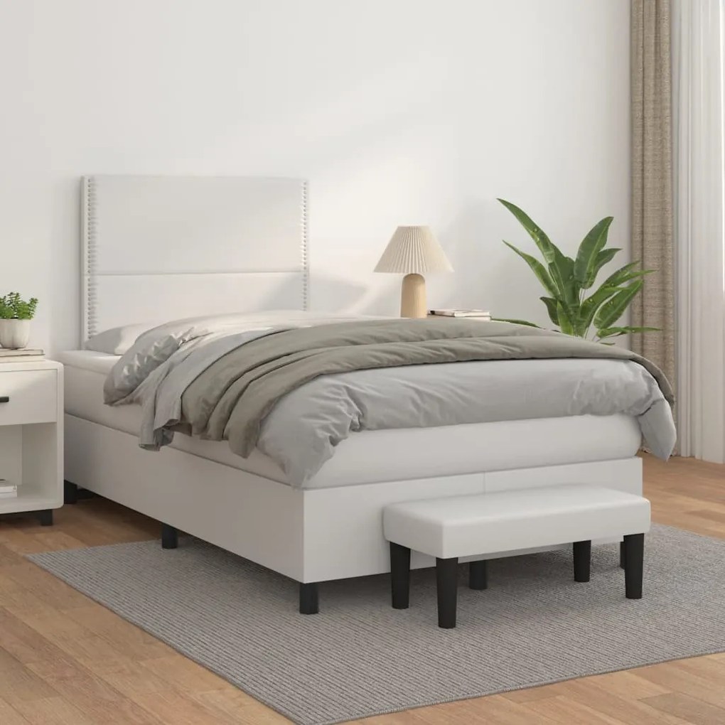 vidaXL Pat box spring cu saltea, alb, 120x200 cm, piele ecologică